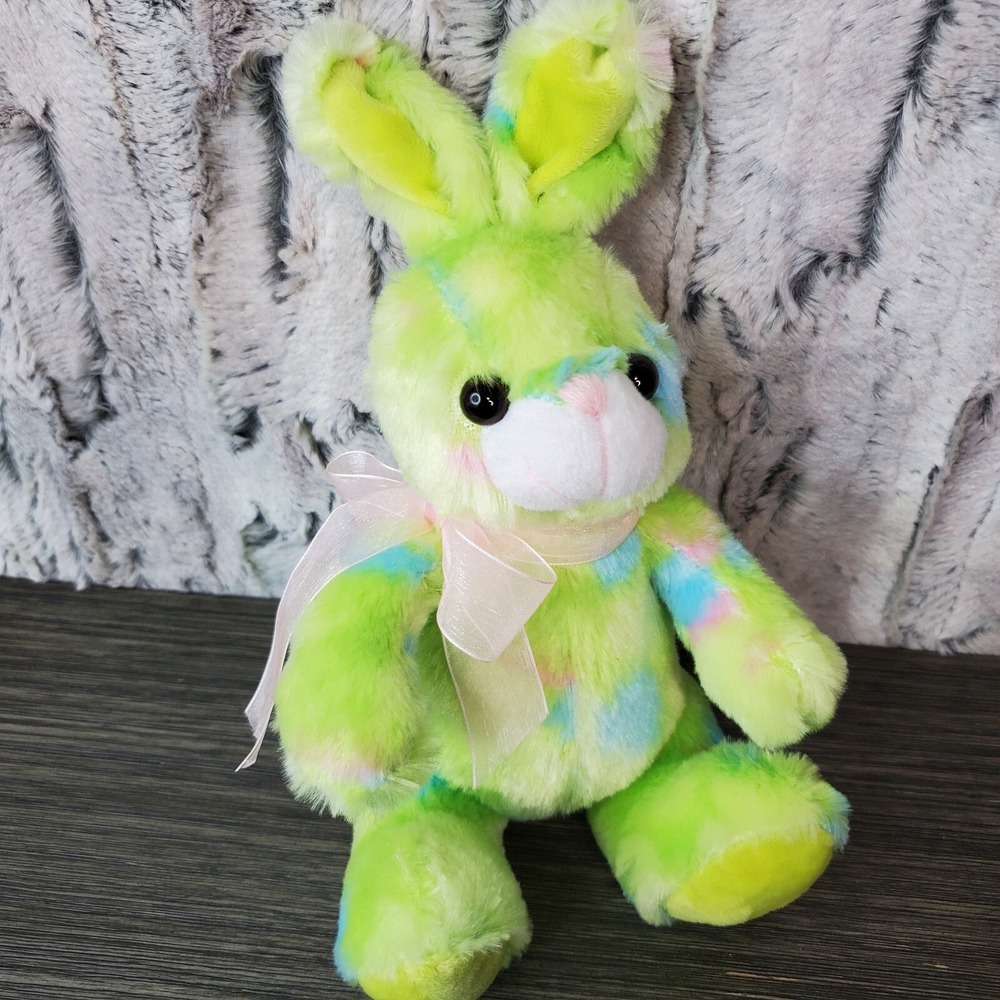 Pastel Lime Green Tie Dye Bunny Rabbit Plush Stuffed Animal Grocery Outlet W/Bow